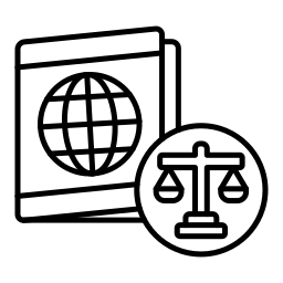 Immigration law icon representing global travel, visa application, legal rights, and international law services.