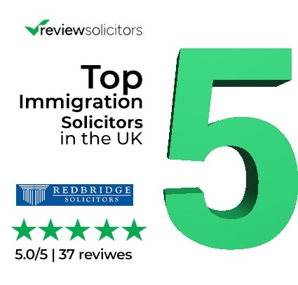 ReviewSolicitors Top 5 Immigration Solicitors in the UK award badge and 5-star rating for Redbridge Solicitors client reviews